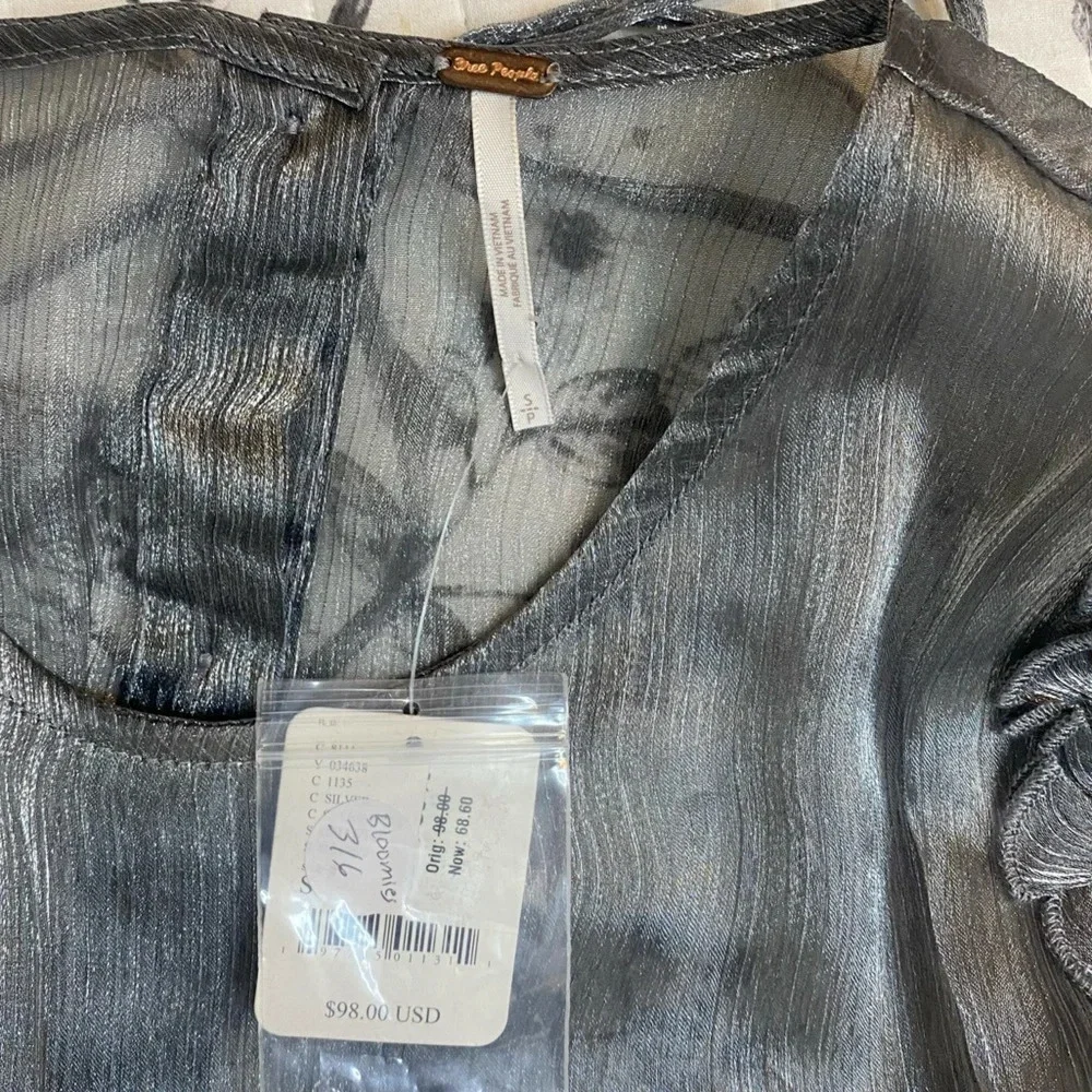 NWT Free People Freya Frost Top Metallic Silver Gray Sheer Long Sleeve Ribbon SP